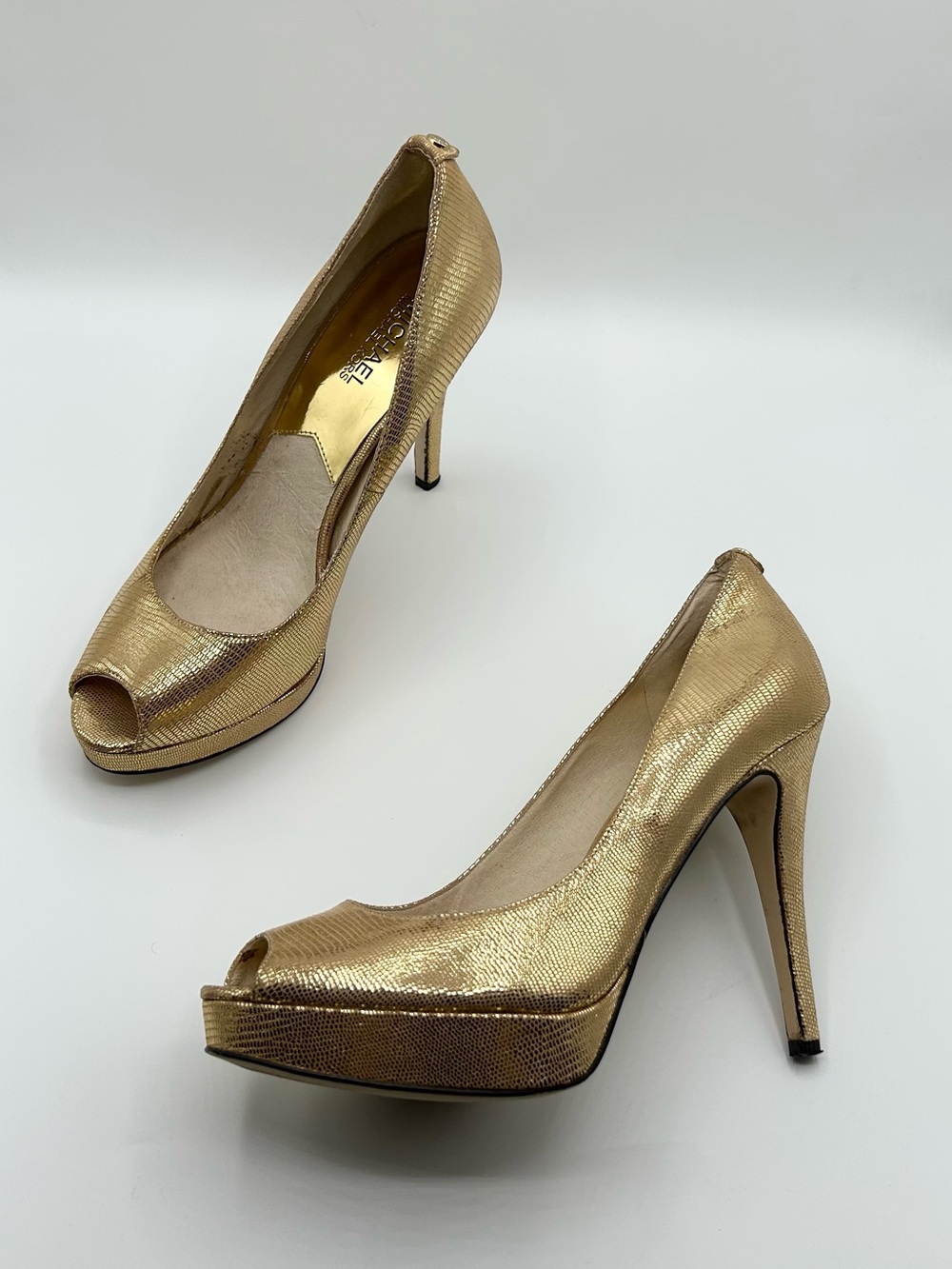 Michael Kors Gold Metallic Shimmer Leather Peep Toe Heels Women’s Size 9